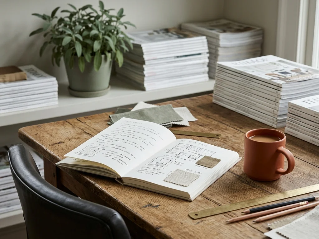 Bureau de rédaction accueillant avec carnet et plantes pour contacter l'équipe d'Habitat & Cie.
