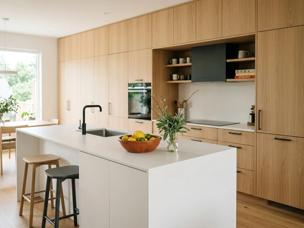 Cuisine ouverte méthodique avec îlot blanc, rangements en chêne clair et accessoires terracotta et sauge.