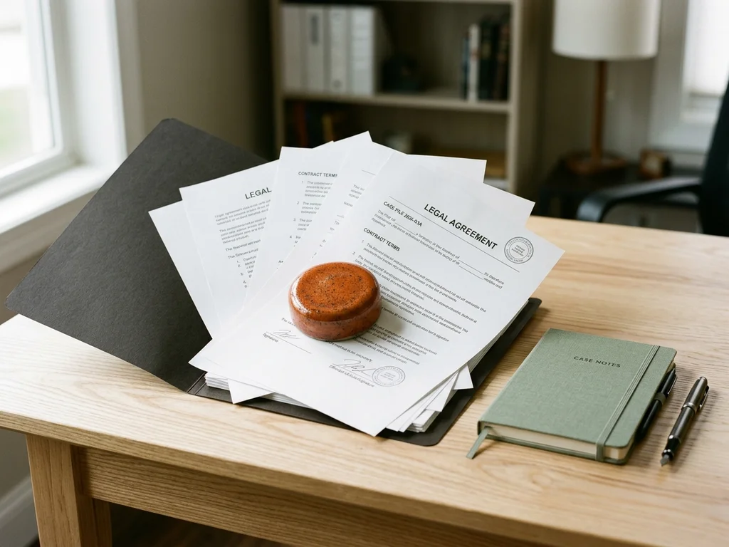 Dossiers administratifs et documents officiels sur un bureau en bois clair baigné de lumière naturelle.