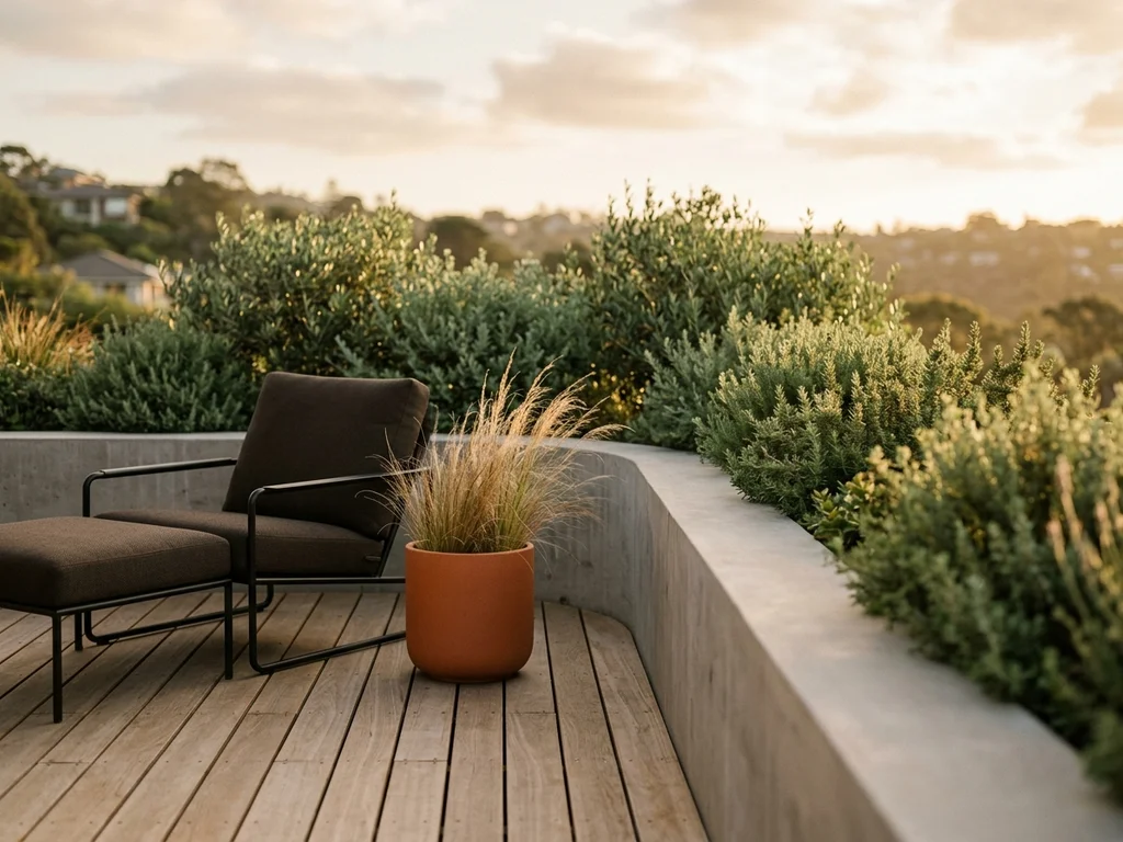 Terrasse en bois aux lignes épurées et végétation soignée illustrant une conception architecturale méthodique.